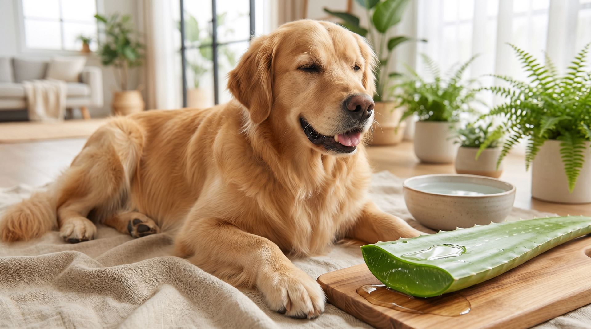 Cão feliz e saudável ao lado de folhas de babosa (Aloe Vera)